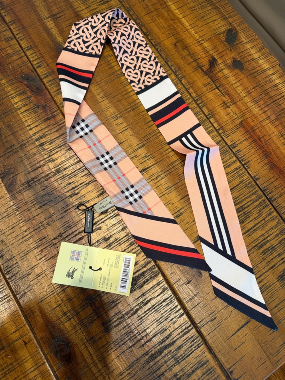 Burberry Peach Plaid & Stripe Silk Twilly Scarf - Picture 5 of 11